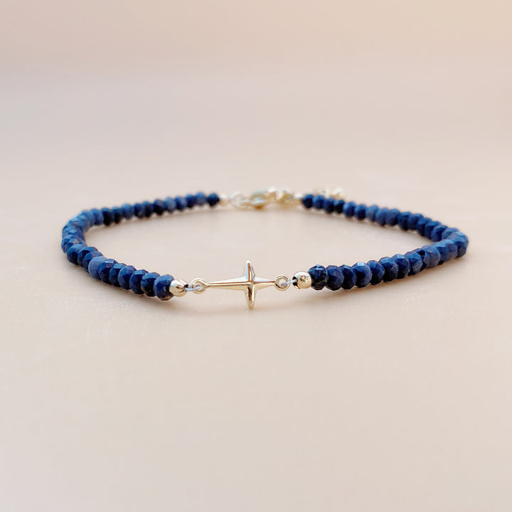 Lapis Lazuli | Sterling Silver Cross Bezel | Fixed Length Healing Crystal Bracelet | Choose Correct Wrist Size