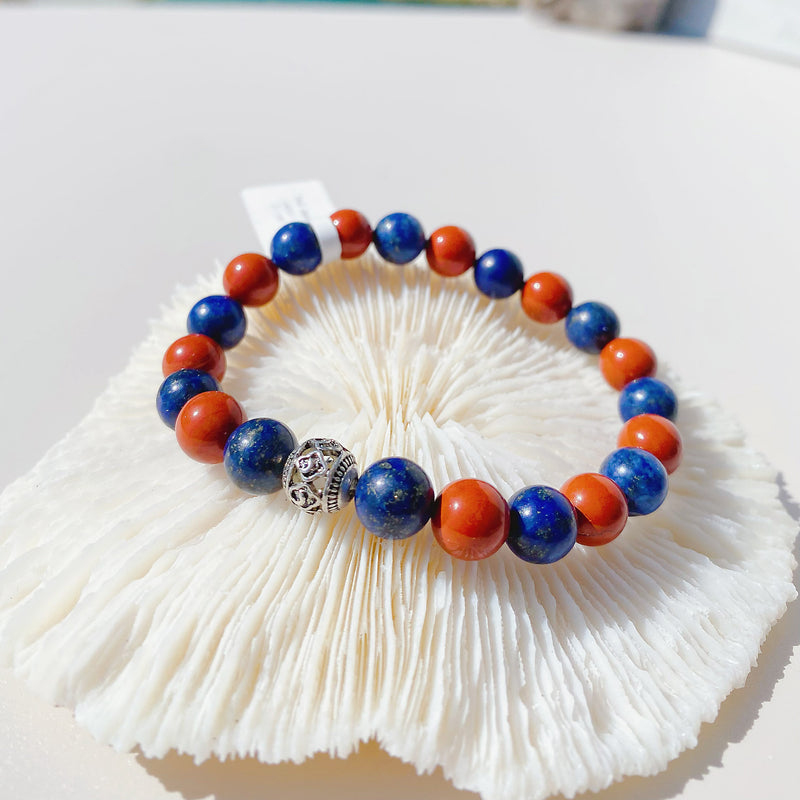 Lapis Lazuli | Red Jasper | Stretchy Cord Healing Crystal Bracelet | Tibetan Style Silver Spacer Beads | Choose Preferred Wrist Size