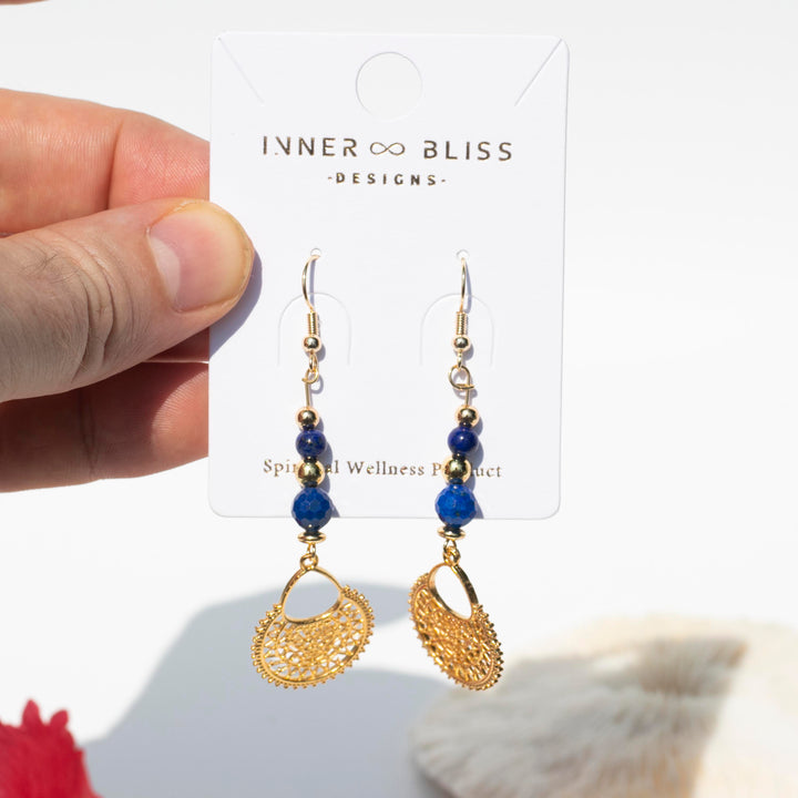 Lapis Lazuli | Filigree Boho Tribal Gold Plated Pendant Earrings | Stone of Truth & Wisdom | Earrings with Beaded Crystals