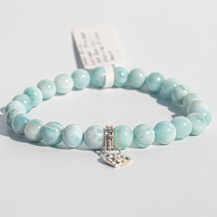 Larimar (拉利瑪石) | Sterling SIlver Setting & Heart Spacer Bead | Stretchy Cord Bracelet (AAA Quality) | The Gemstone of Mental Clarity