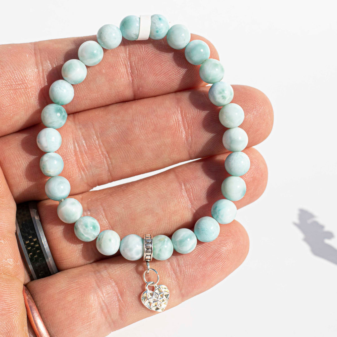 Larimar (拉利瑪石) | Sterling SIlver Setting & Heart Spacer Bead | Stretchy Cord Bracelet (AAA Quality) | The Gemstone of Mental Clarity