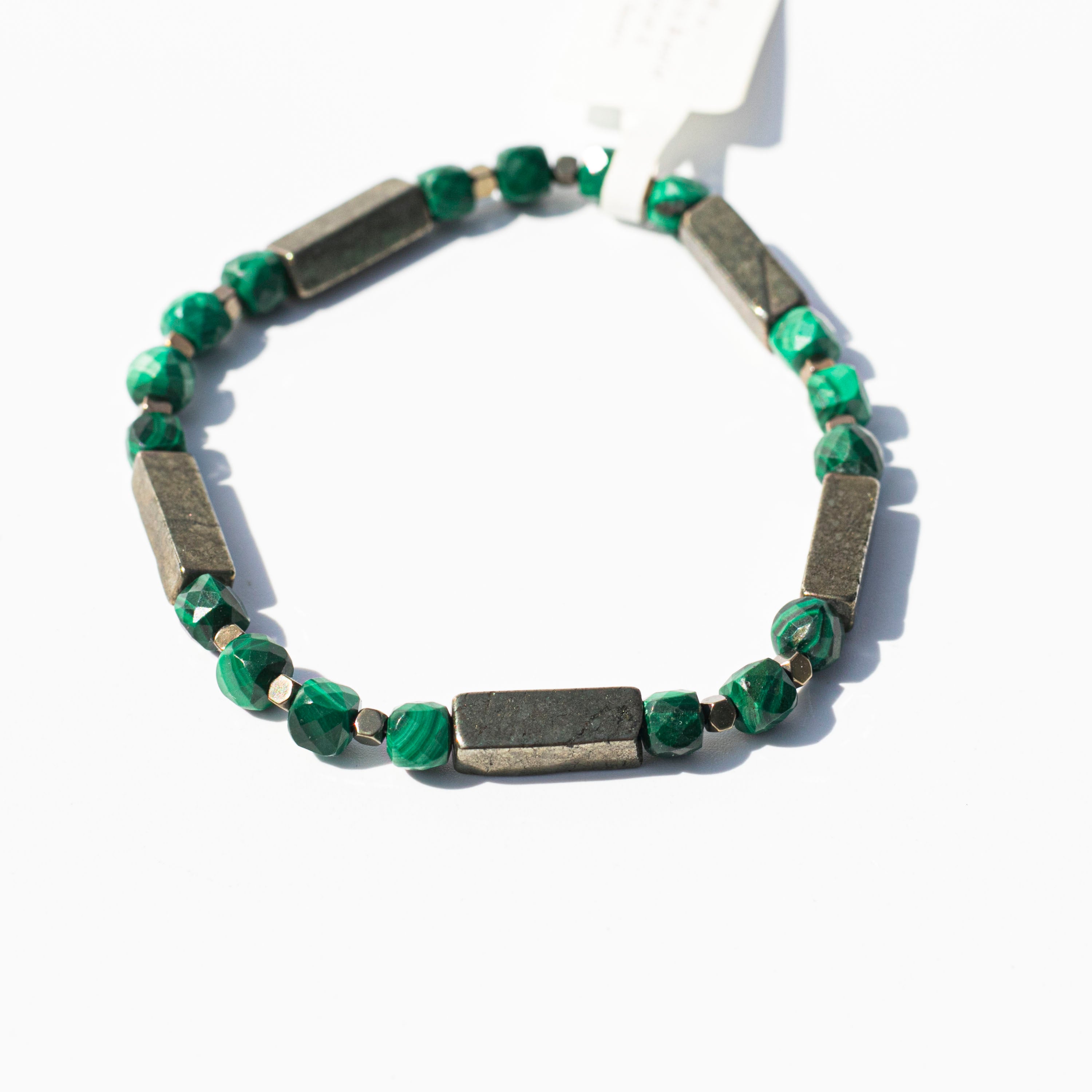Malachite (孔雀石)| Stretchy Cord Bracelet | Copper Cube & Titanium Pyrite Spacer Beads | The Traveller's Protection Stone