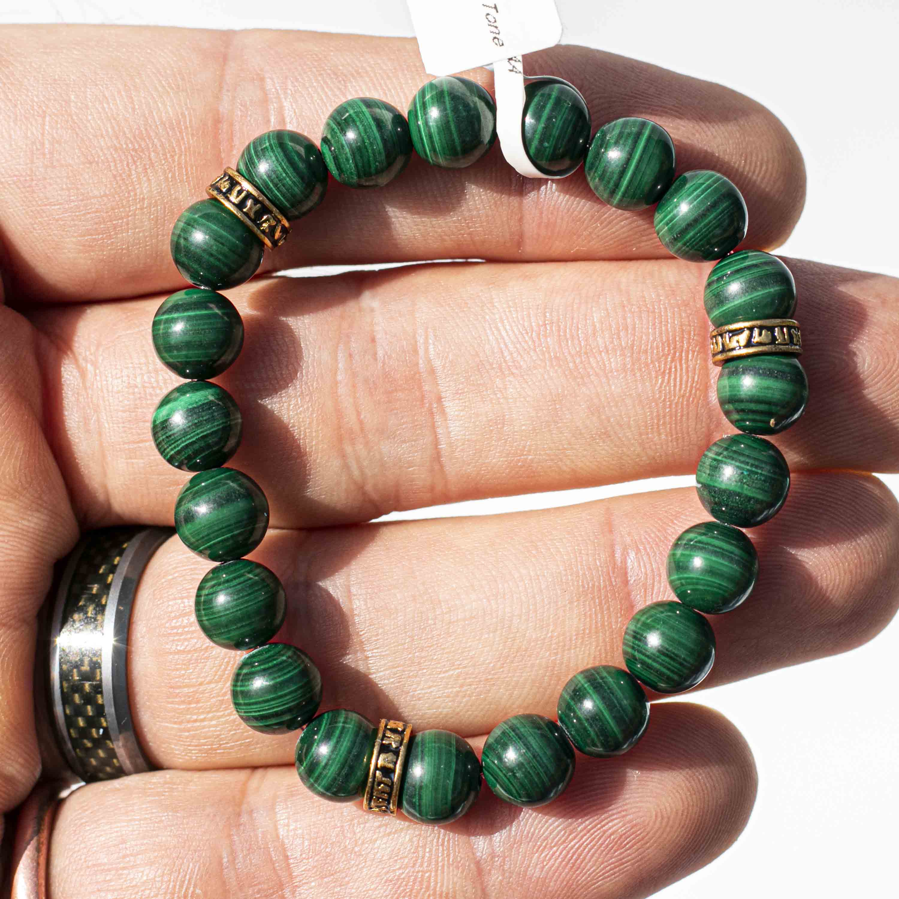 Stretchy Cord Healing Crystal Bracelet with Malachite (孔雀石) & Tibetan Style Golden Bronze Spacer Beads - Choose Preferred Bead & Wrist Size
