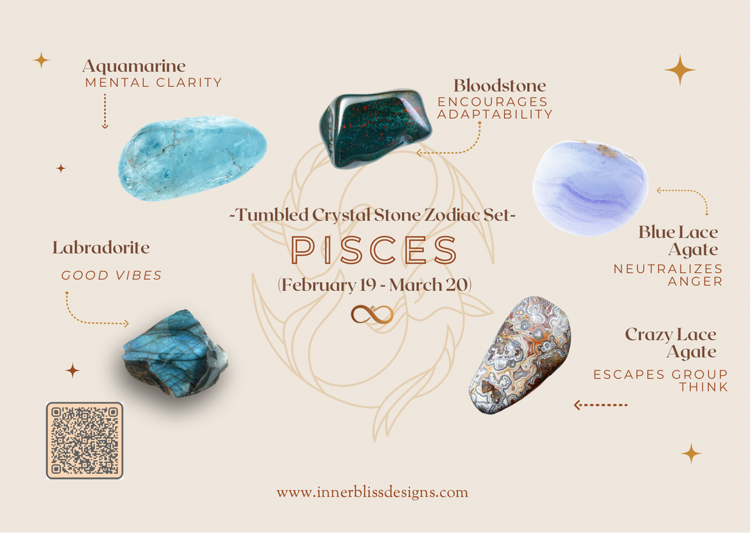 PISCES | Loose Tumbled Stone Zodiac Healing Crystal Set | Shop Online | Aquamarine, Bloodstone, Blue Lace Agate, Crazy Lace Agate, Labradorite