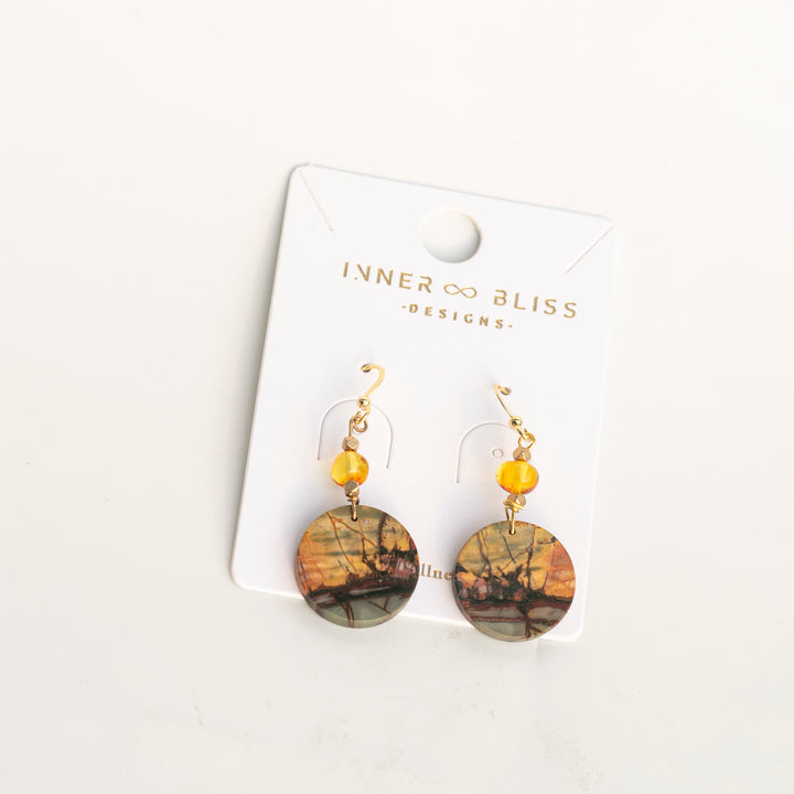 Red Creek Jasper & Amber | Circular Healing Crystal Dangle Earrings
