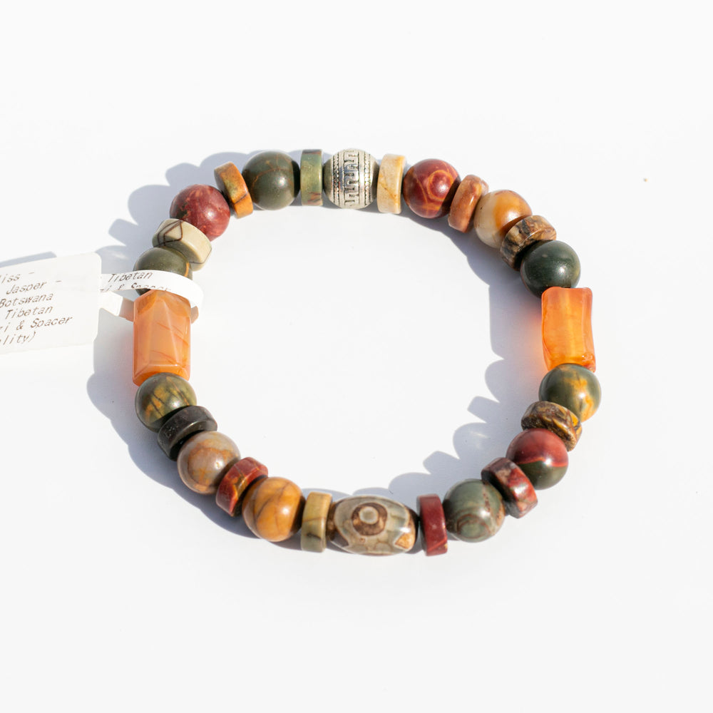 Red Creek Jasper - Orange Botswana Agate - Silver Tone Tibetan Spacer Bead - Stretchy Cord Bracelet - Choose your bead and wrist size