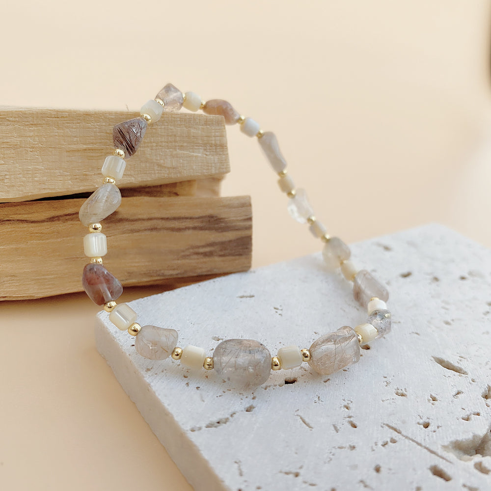 Copper Rutilated Quartz | Shells & Gold Plated Spacer Beads | Fixed Length Healing Crystal Bracelet | Choose Correct Wrist Size