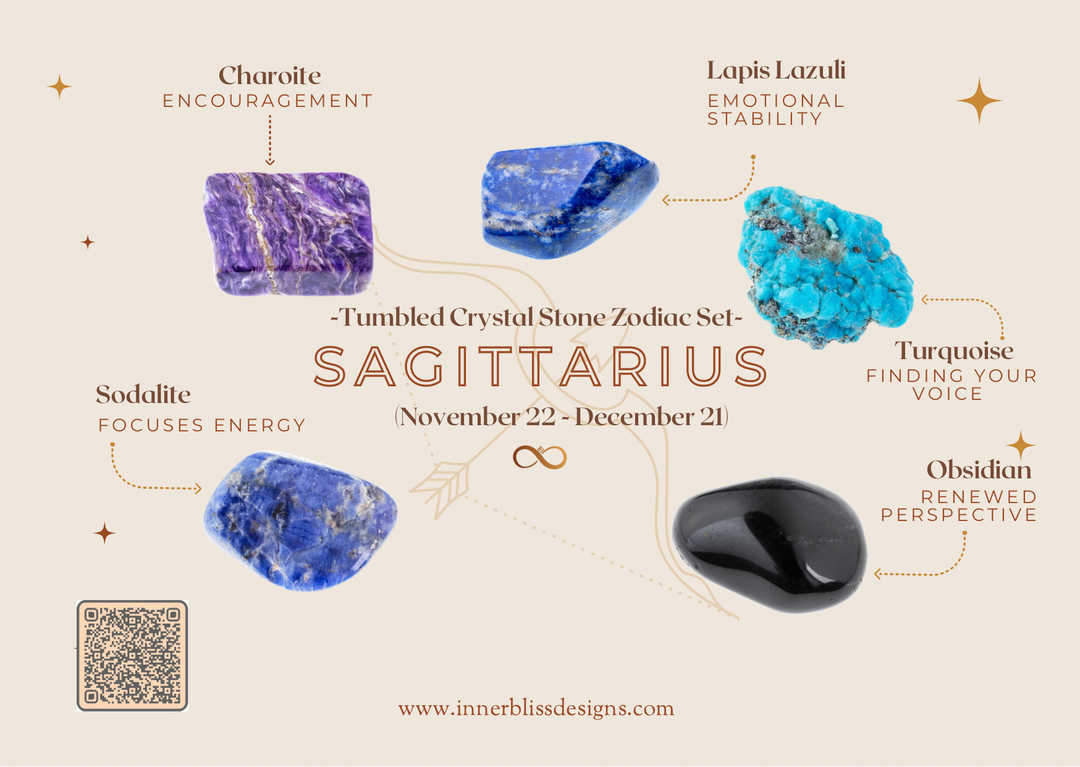 SAGITTARIUS | Loose Tumbled Stone Zodiac Healing Crystal Set | Shop Online | Charoite, Lapis Lazuli, Turquoise, Obsidian, Sodalite
