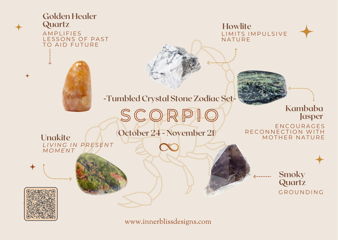 SCORPIO | Loose Tumbled Stone Zodiac Healing Crystal Set | Shop Online | Golden Healer Quartz, Howlite, Kambaba Jasper, Smoky Quartz, Unakite