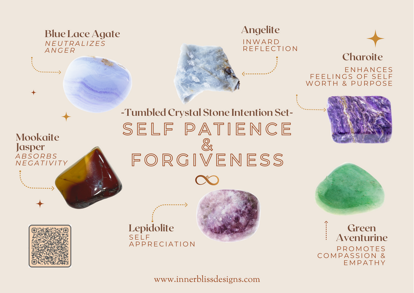 SELF PATIENCE & FORGIVENESS | Loose Tumbled Stone Intentions Healing Crystal Set | Shop Online | Angelite, Blue Lace Agate, Charoite, Green Aventurine, Lepidolite, Mookaite Jasper