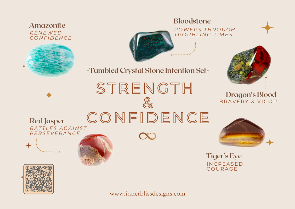 STRENGTH & CONFIDENCE | Loose Tumbled Stone Intentions Healing Crystal Set | Shop Online | Amazonite, Bloodstone, Dragon's Blood, Red Jasper, Tiger's Eye