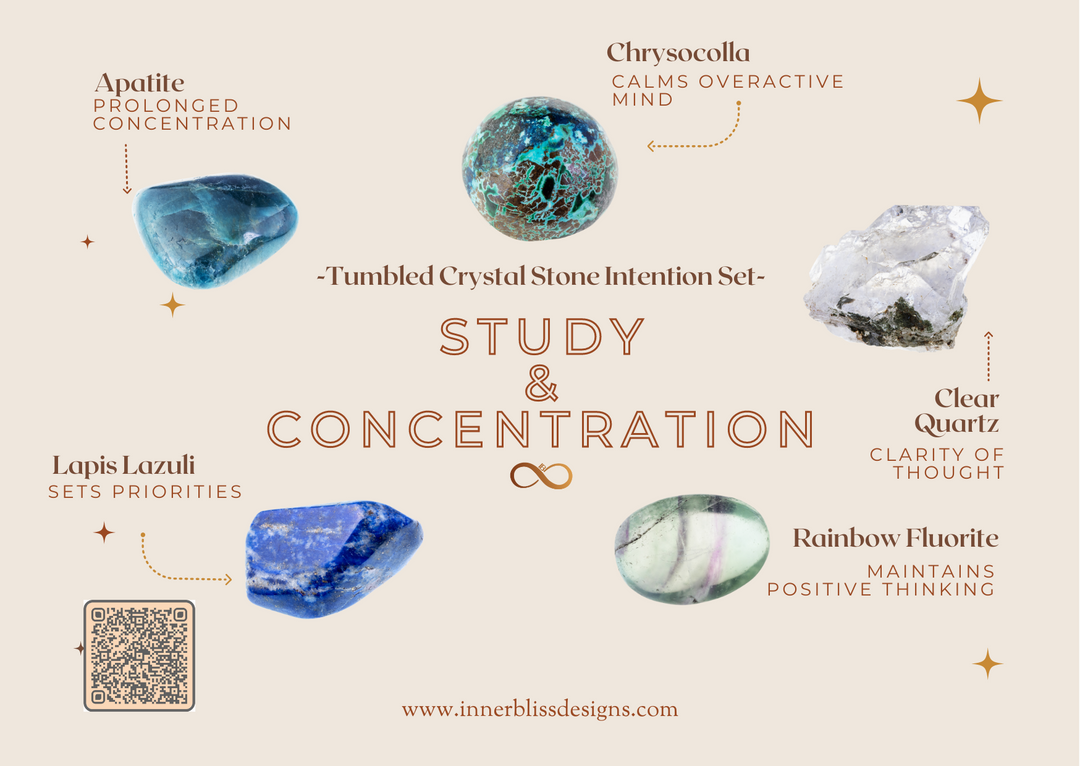 STUDY & CONCENTRATION | Loose Tumbled Stone Intentions Healing Crystal Set | Shop Online | Apatite, Chrysocolla, Clear Quartz, Rainbow Fluorite, Lapis Lazuli