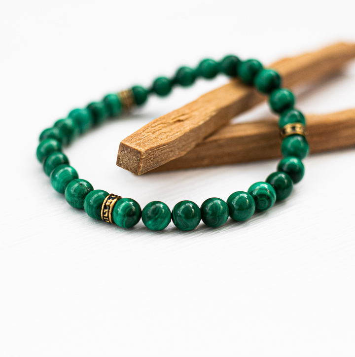 Malachite (孔雀石)| Stretchy Cord Bracelet w/ Tibetan Style Gold Tone Spacers (AAA Quality) | The Traveller's Protection Stone