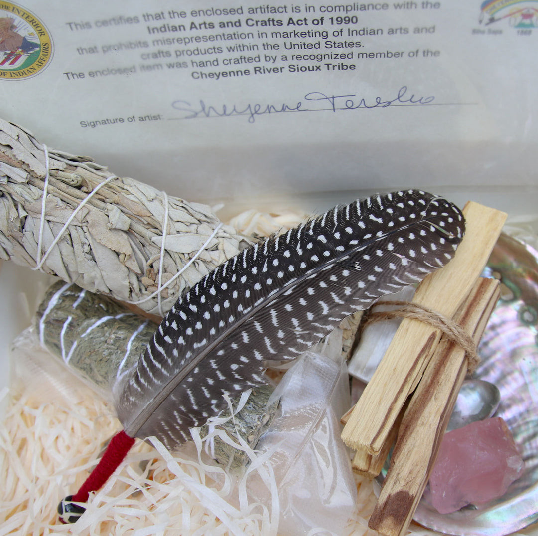 Smudging Kit | Deluxe Edition | Includes 1 Vacuum Sealed 8 inch White Sage Wand - 4 X Palo Santo - Natural Healing Crystals - Smudge Feather
