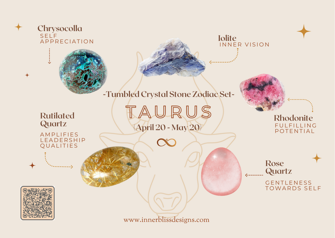 TAURUS | Loose Tumbled Stone Zodiac Healing Crystal Set | Shop Online | Chrysocolla, Iolite, Rhodonite, Rose Quartz, Rutilated Quartz