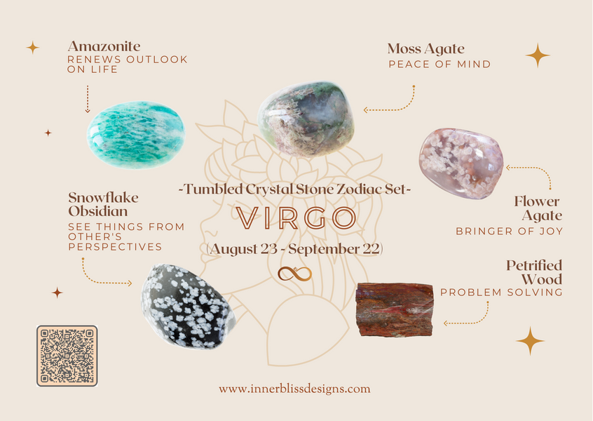 VIRGO | Loose Tumbled Stone Zodiac Healing Crystal Set | Shop Online | Amazonite, Moss Agate, Flower Agate, Petrified Wood, Snowflake Obsidian
