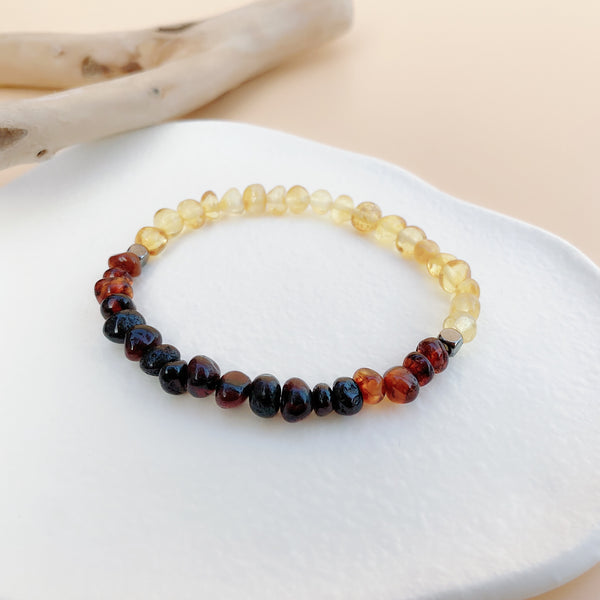 Mixed Baltic Amber (Honey, Lemon, Cherry, Cognac) | Titanium Pyrite Spacer Beads | Stretchy Cord Healing Crystal Bracelet | Choose Wrist Size