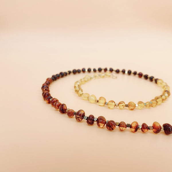 Mixed Baltic Amber (Honey, Lemon, Cherry, Cognac) | Titanium Pyrite Spacer Beads | Fixed Length Healing Crystal Necklace | Choose Wrist Size