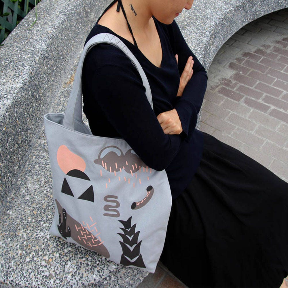 Gray Durable Hand Crafted Canvas Tote Bag w/ zippers - Market Bag - Computer Bag - Gray Tote Bag - Screen Print - Grey