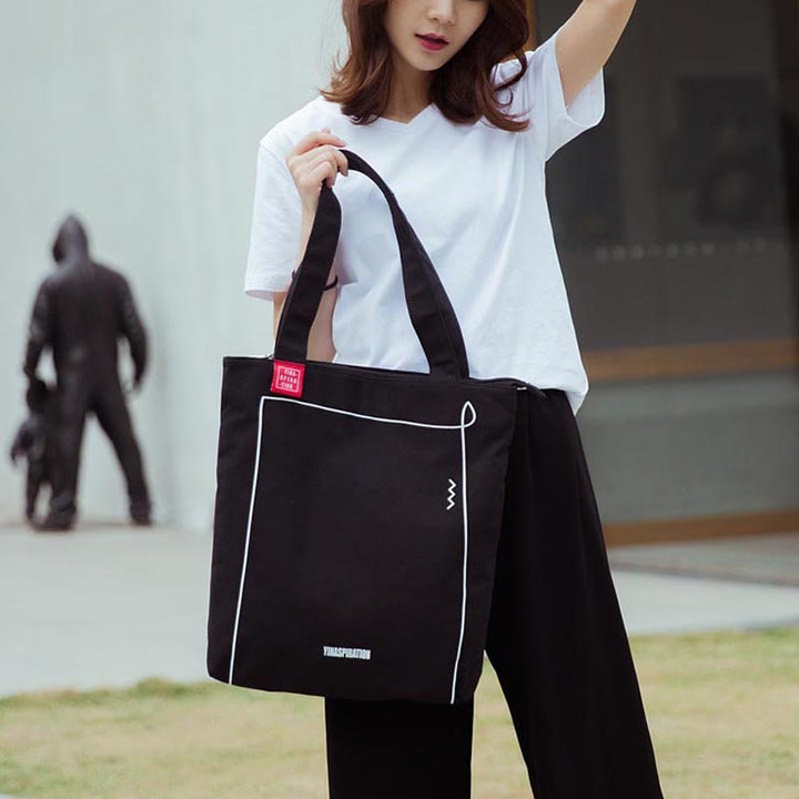 Durable Hand Crafted Black Canvas Tote Bag - Shoulder Bag - Market Bag - Computer Bag - Tote for her w/ zippers - Hong Kong - Shadow