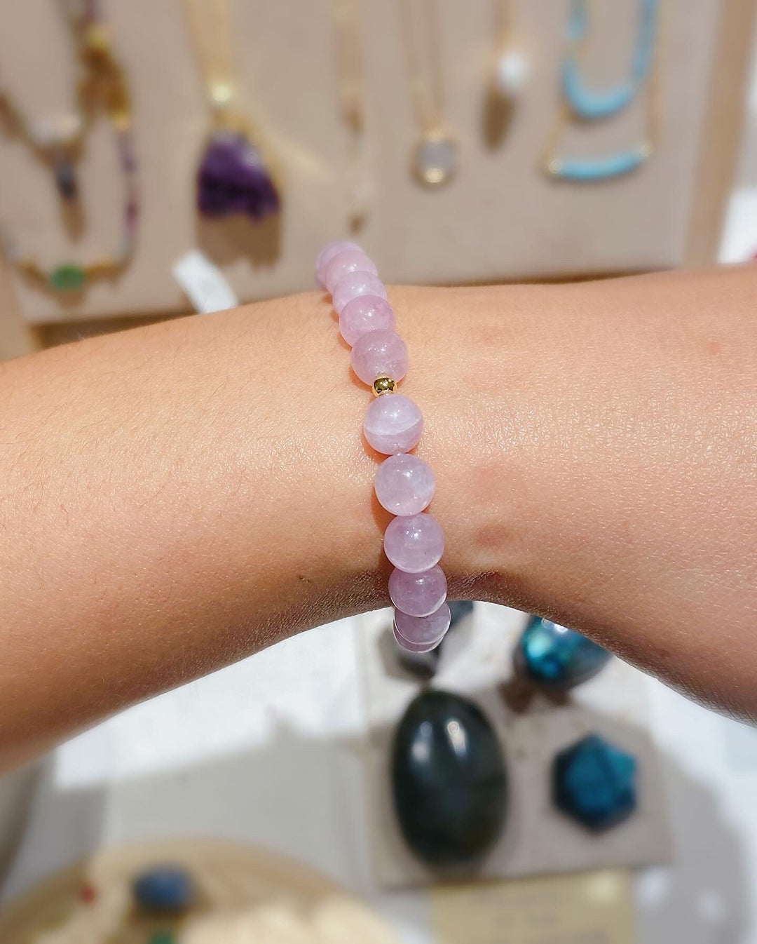 Kunzite Bracelet | Pink Healing Crystal Stretchy Cord Bracelet | Heart Chakra | Pink Crystal Bracelet | 18k Gold Plated Beads | Self Love