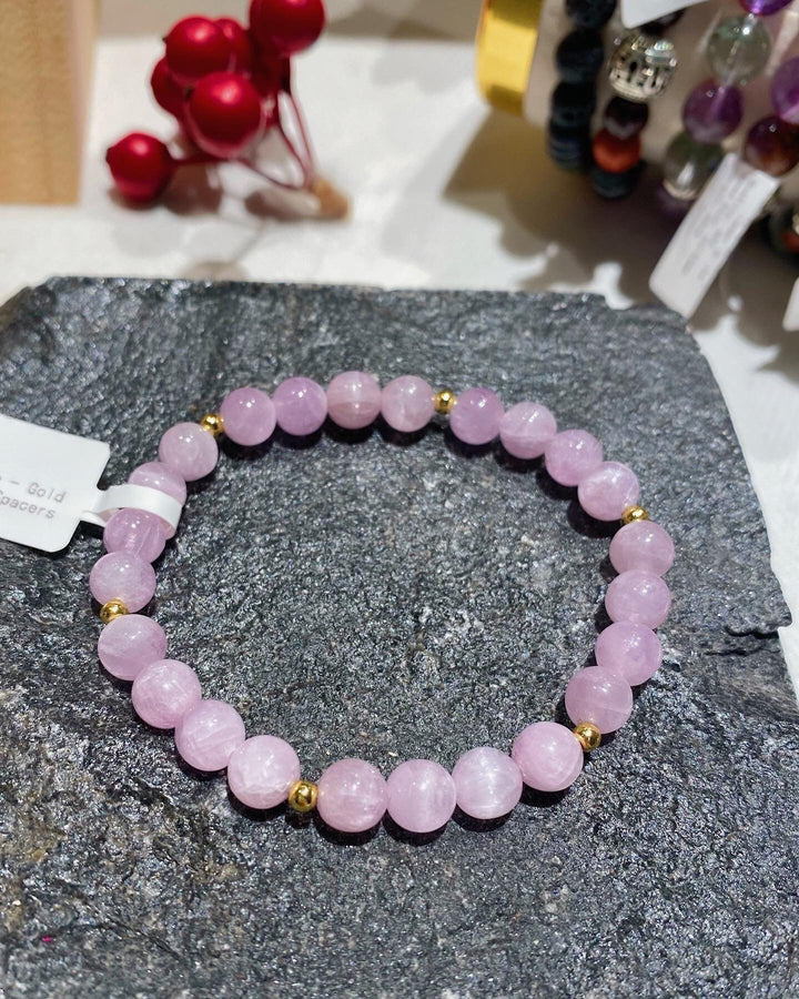 Kunzite Bracelet | Pink Healing Crystal Stretchy Cord Bracelet | Heart Chakra | Pink Crystal Bracelet | 18k Gold Plated Beads | Self Love